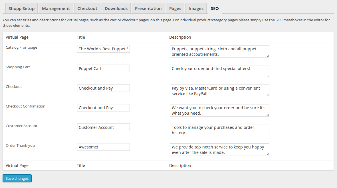 Admin page used to set titles and descriptions for virtual pages such as the checkout and cart pages (this has been added