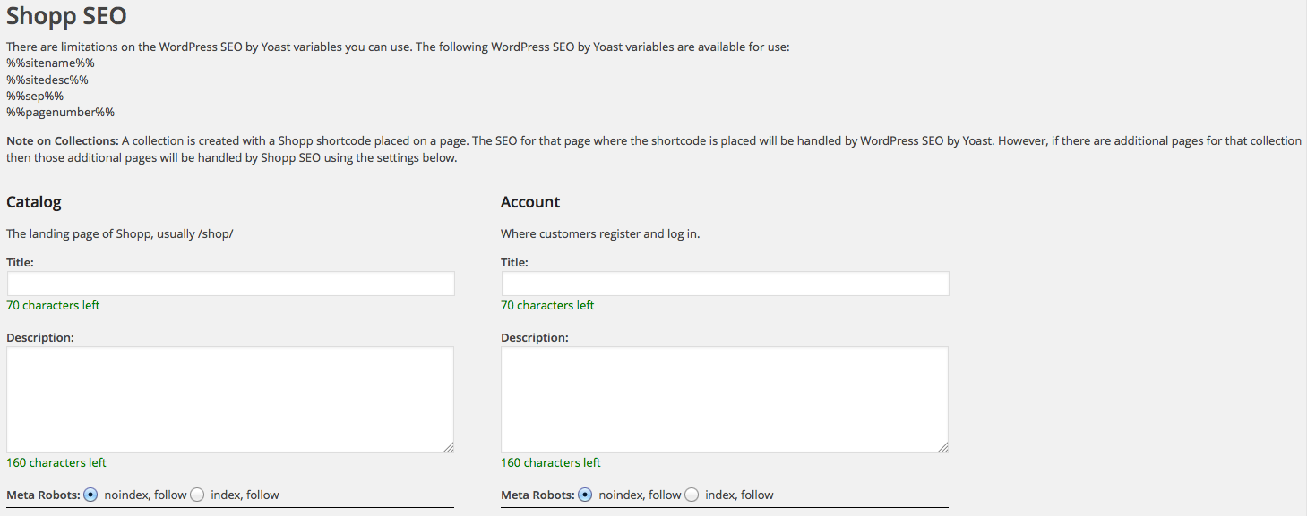 Admin area for Shopp pages and collections.