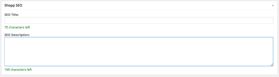 SEO fields for Shopp categories and products.