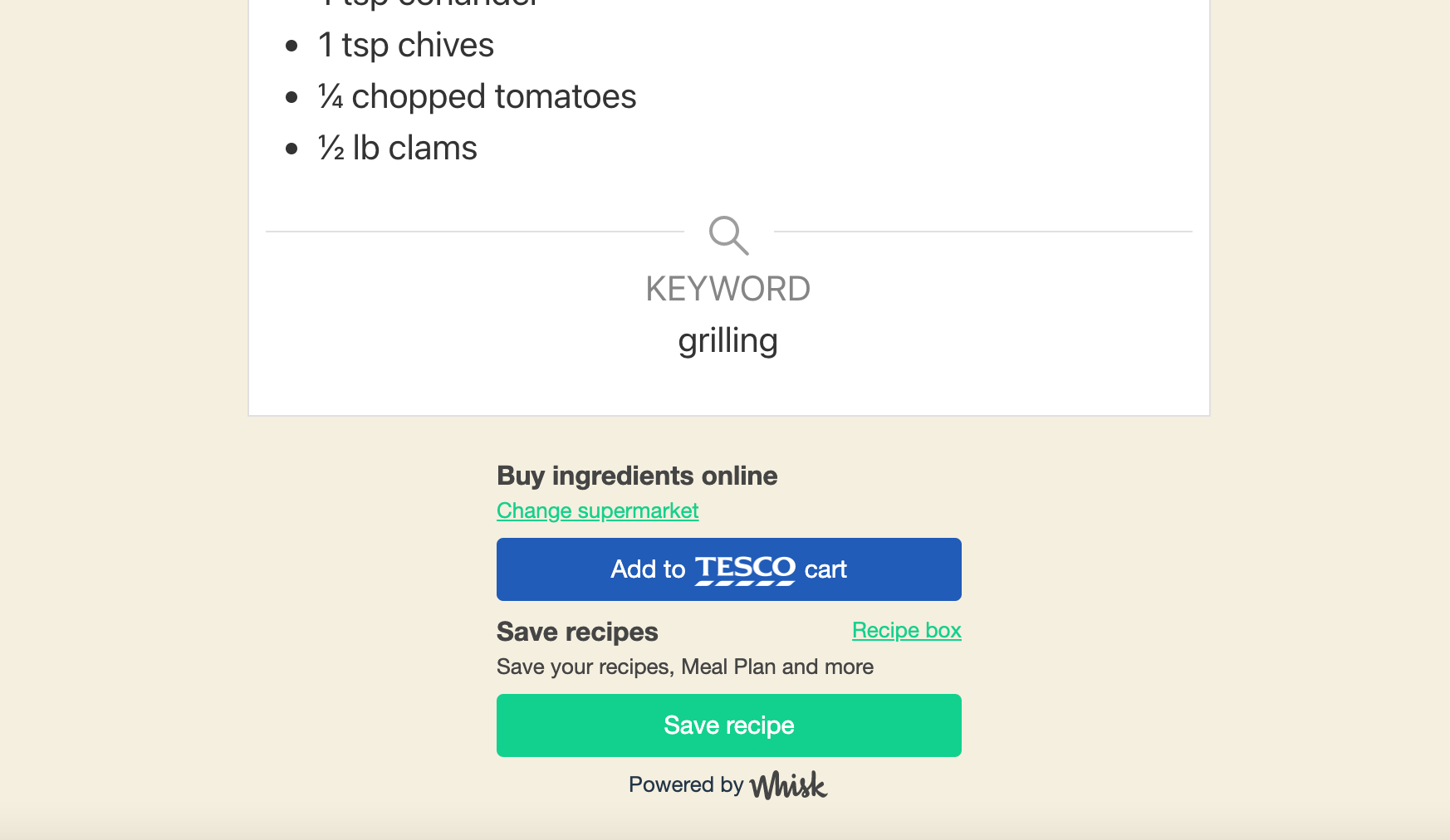 Save Recipe & Add to Cart button (large widget)