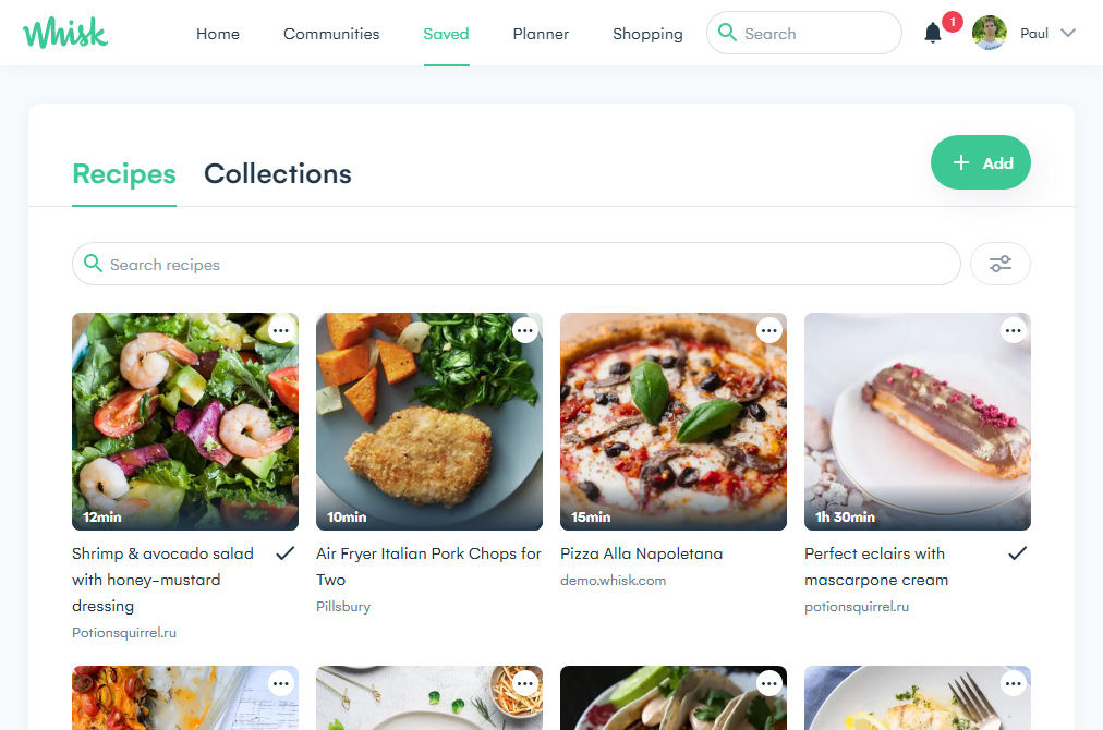 Saved Recipes in Whisk App