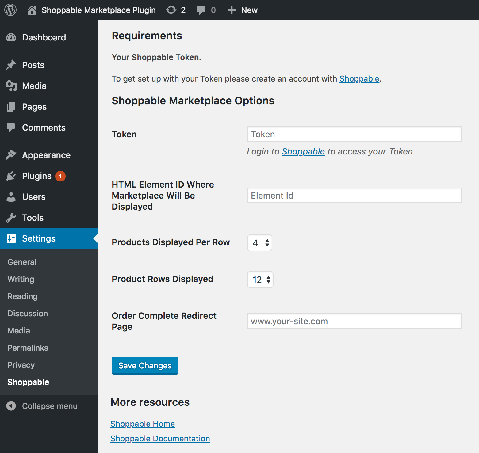 Shoppable Marketplace Settings