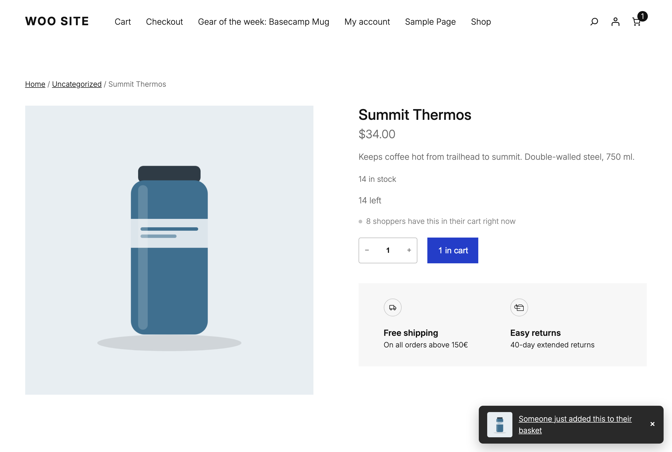 A product page: live stock, how many shoppers hold the product right now, and a toast when someone else adds it.