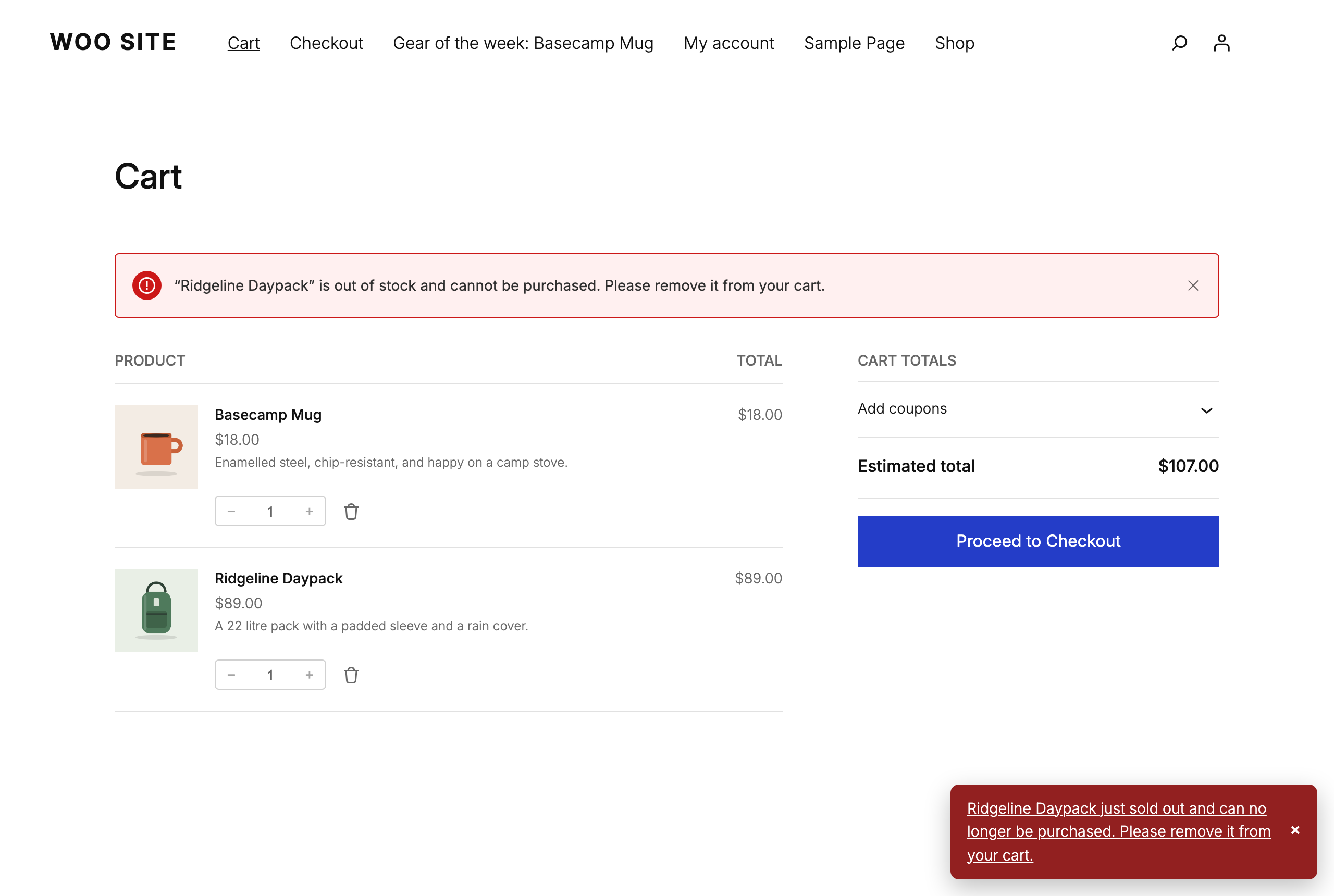 The cart at the moment a held product sells out elsewhere: WooCommerce's own notice appears without a reload, with ShopSocket's alert beside it.