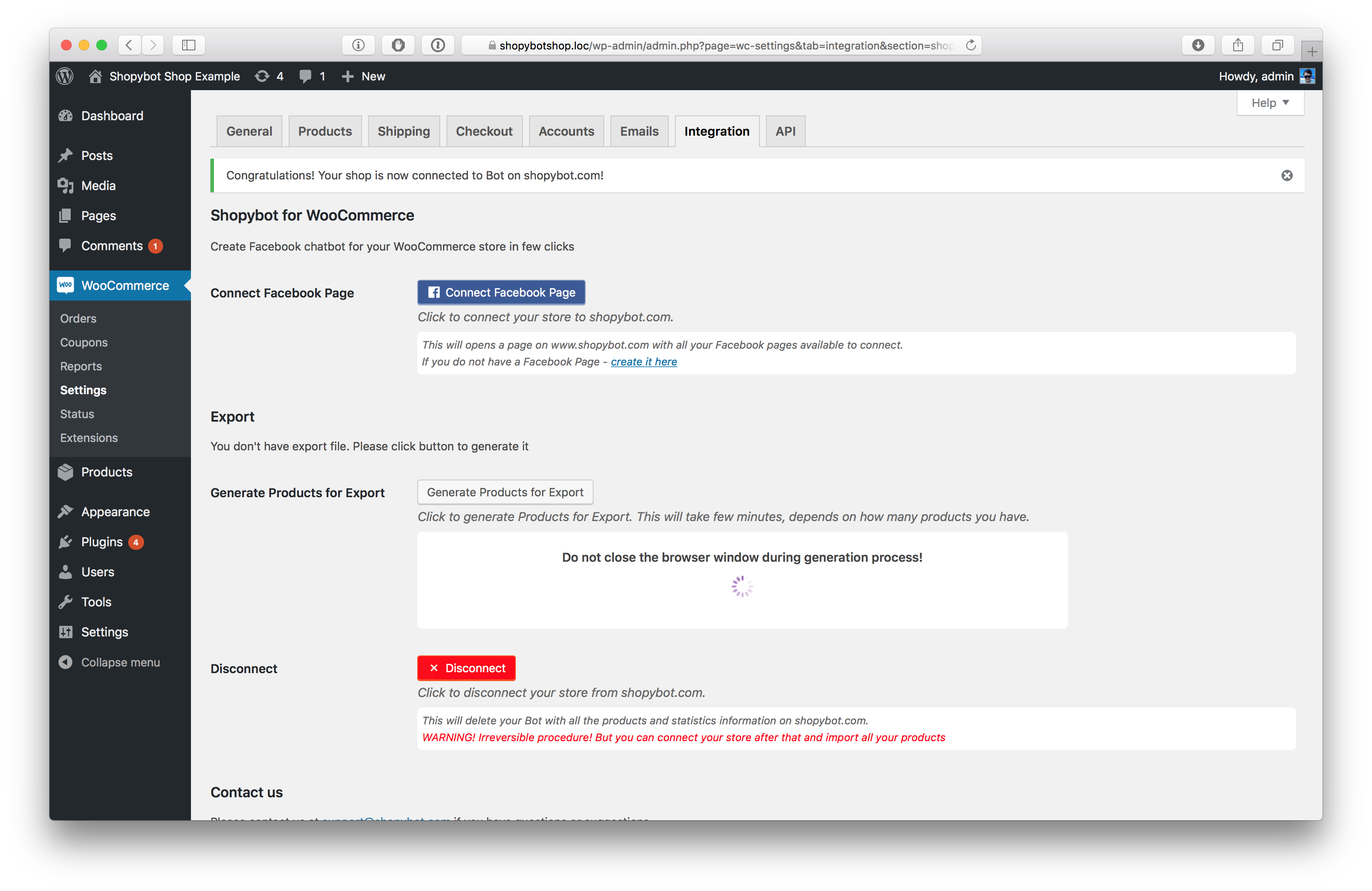Step 2 - Products `Export URL` is being generated (after you click on "Generate Products for Export")
