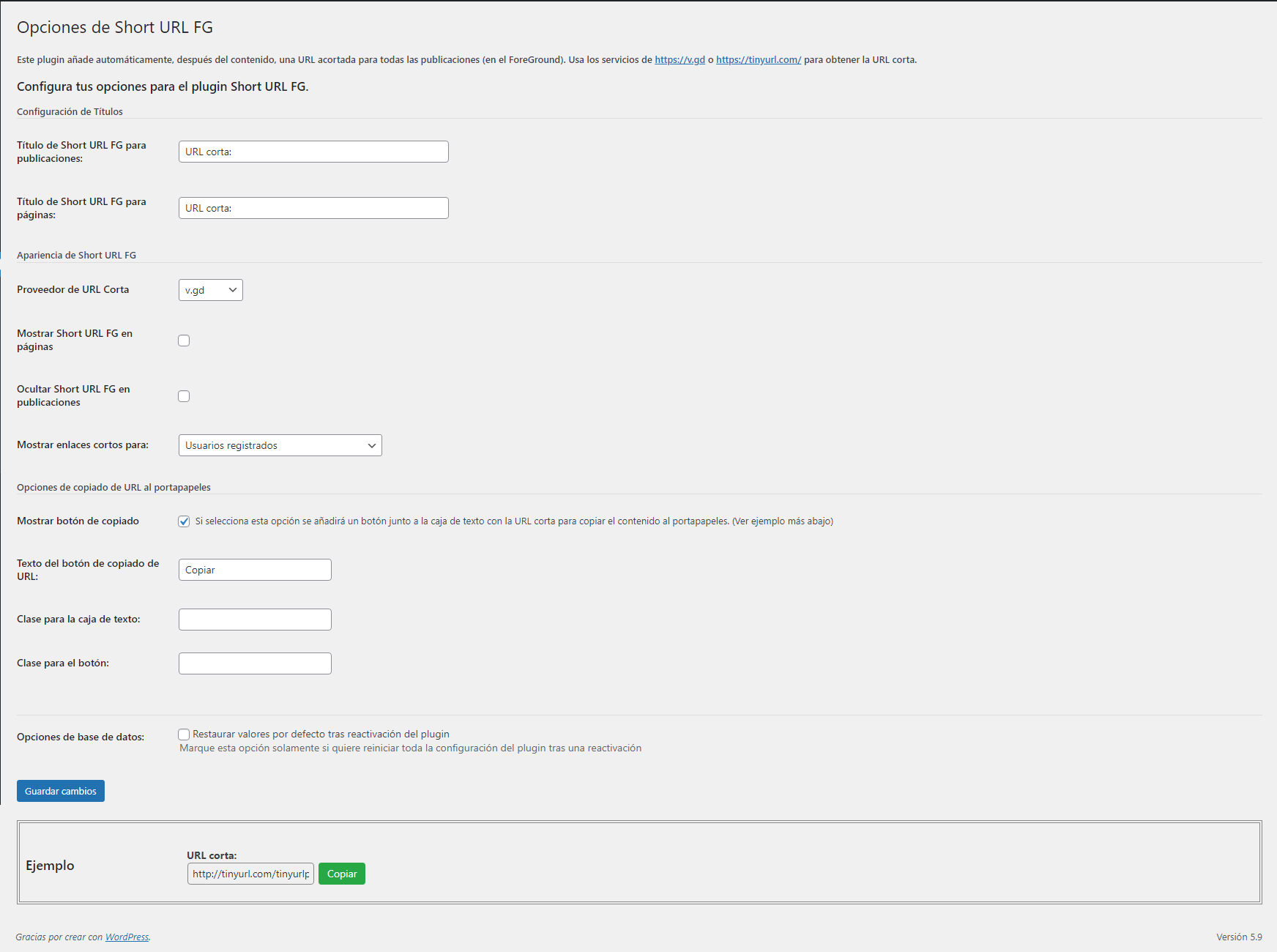 Short URL FE options page