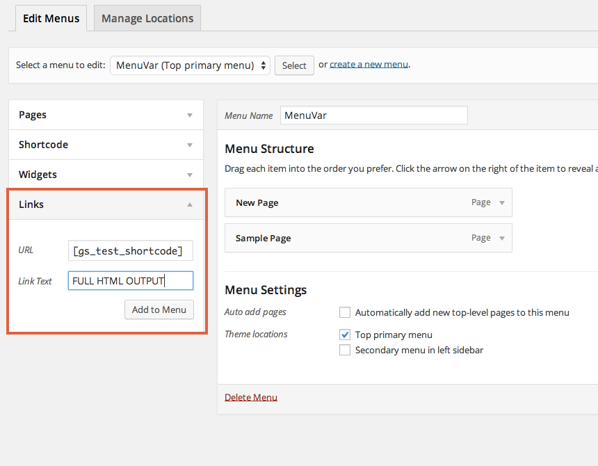 Old Method: If you want to use a shortcode that outputs not just the URL, but complete HTML sections, write *FULL HTML OUTPUT* in the *Link Text* option for that link and it will output the complete HTML without breaking your site.