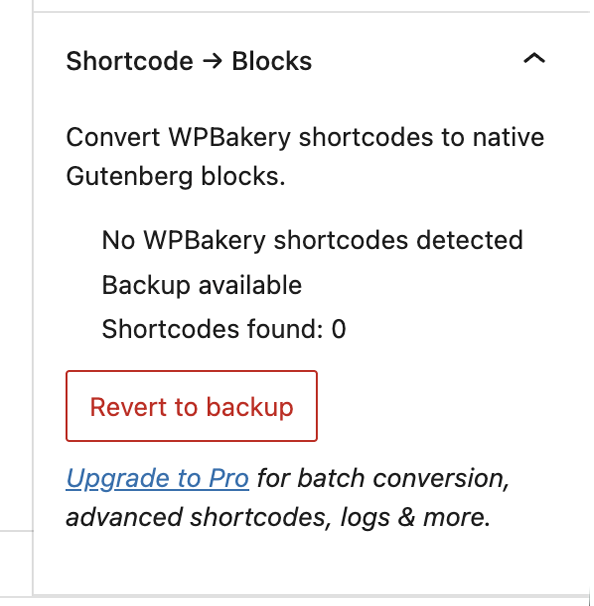 Gutenberg sidebar panel after conversion, showing Backup available and the Revert to backup action.