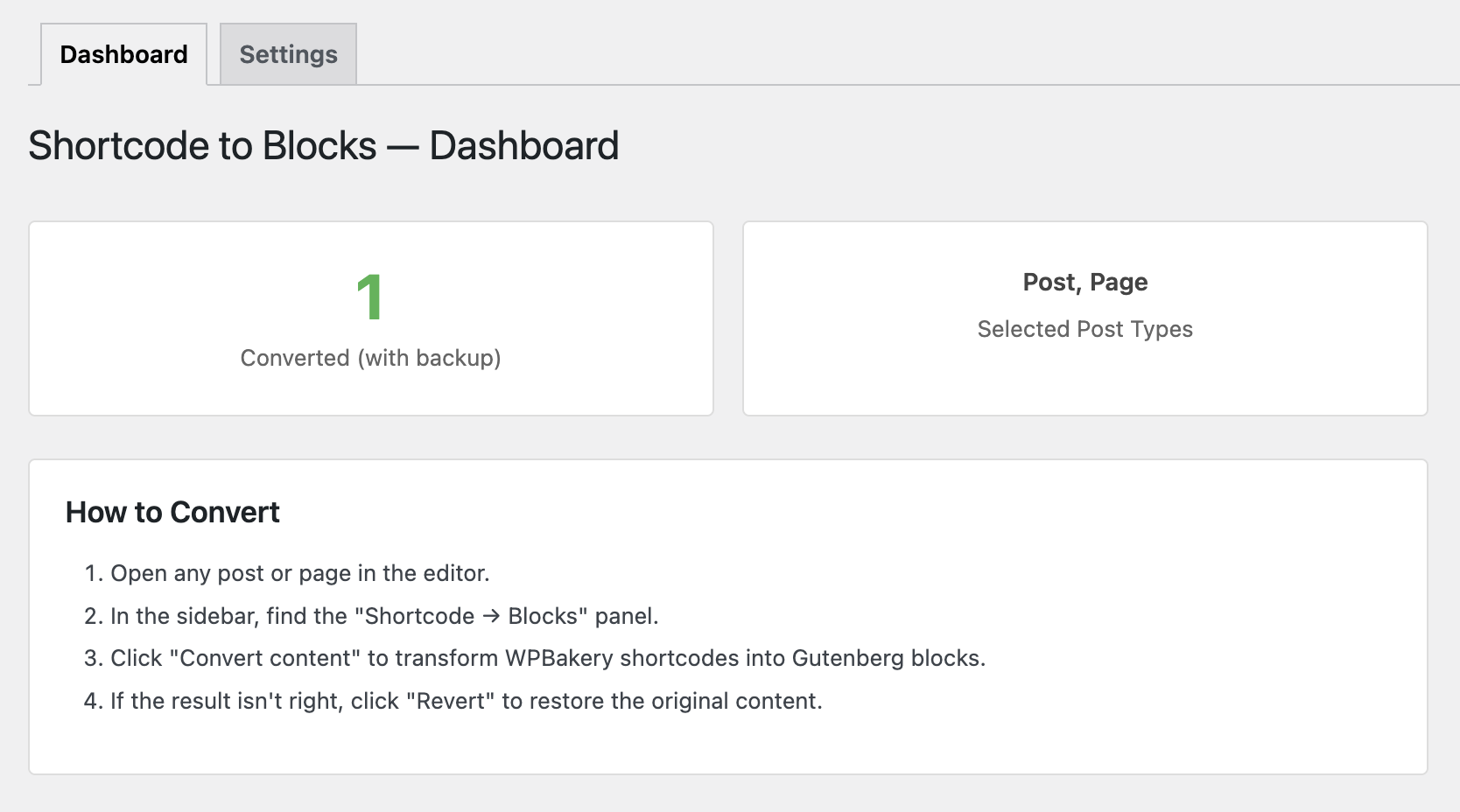 Dashboard with conversion overview and quick how-to steps.