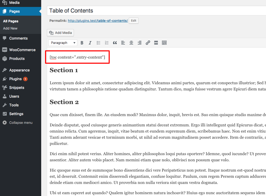 Add the `[toc]` shortcode to any post/page/custom-post-type, at any position in the content.