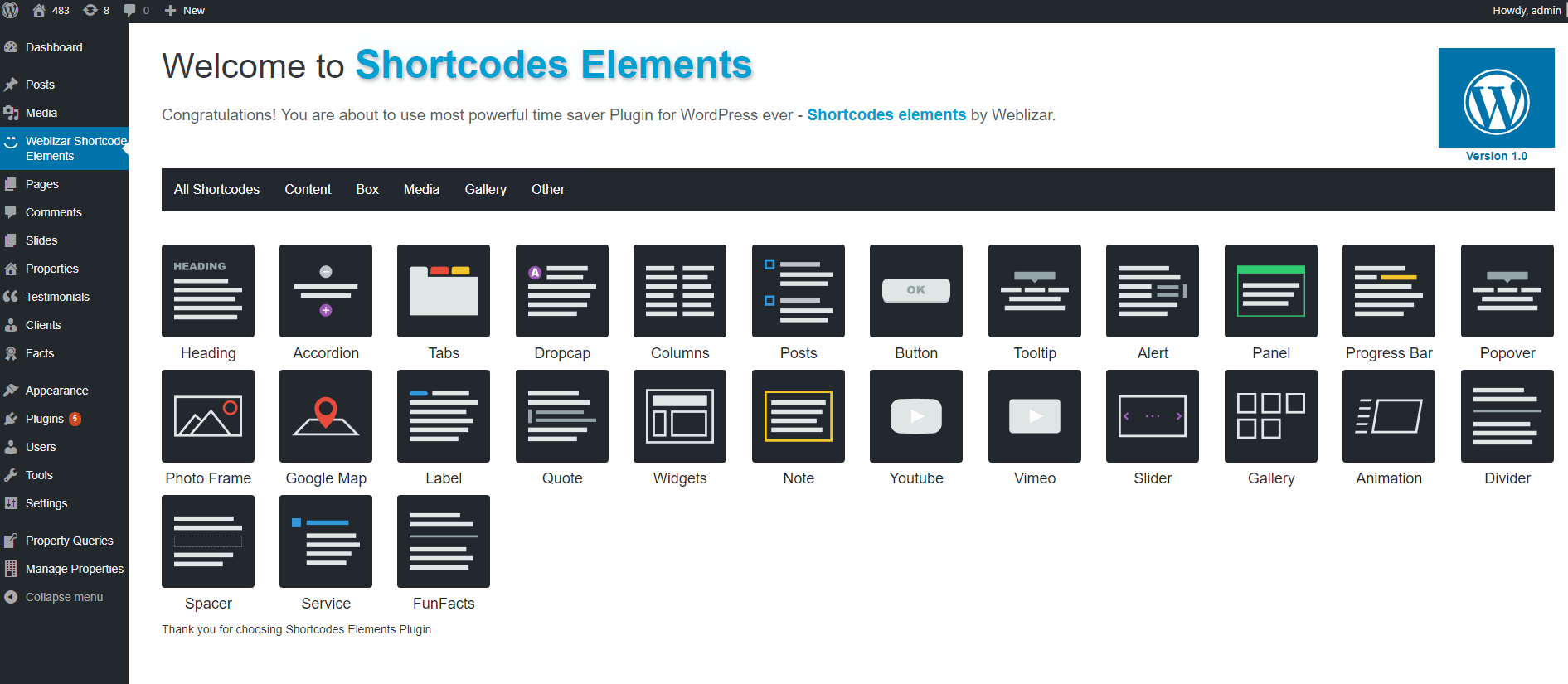 Shortcodes-Elements welcome page.