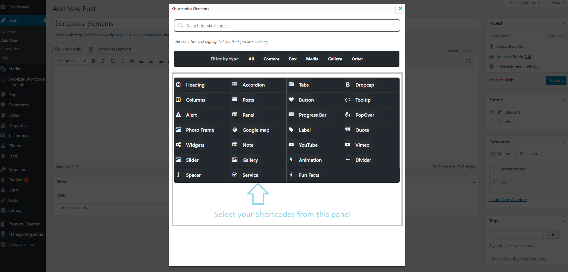 Shortcodes Panel.