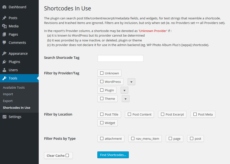 Tools / Shortcodes In Use page
