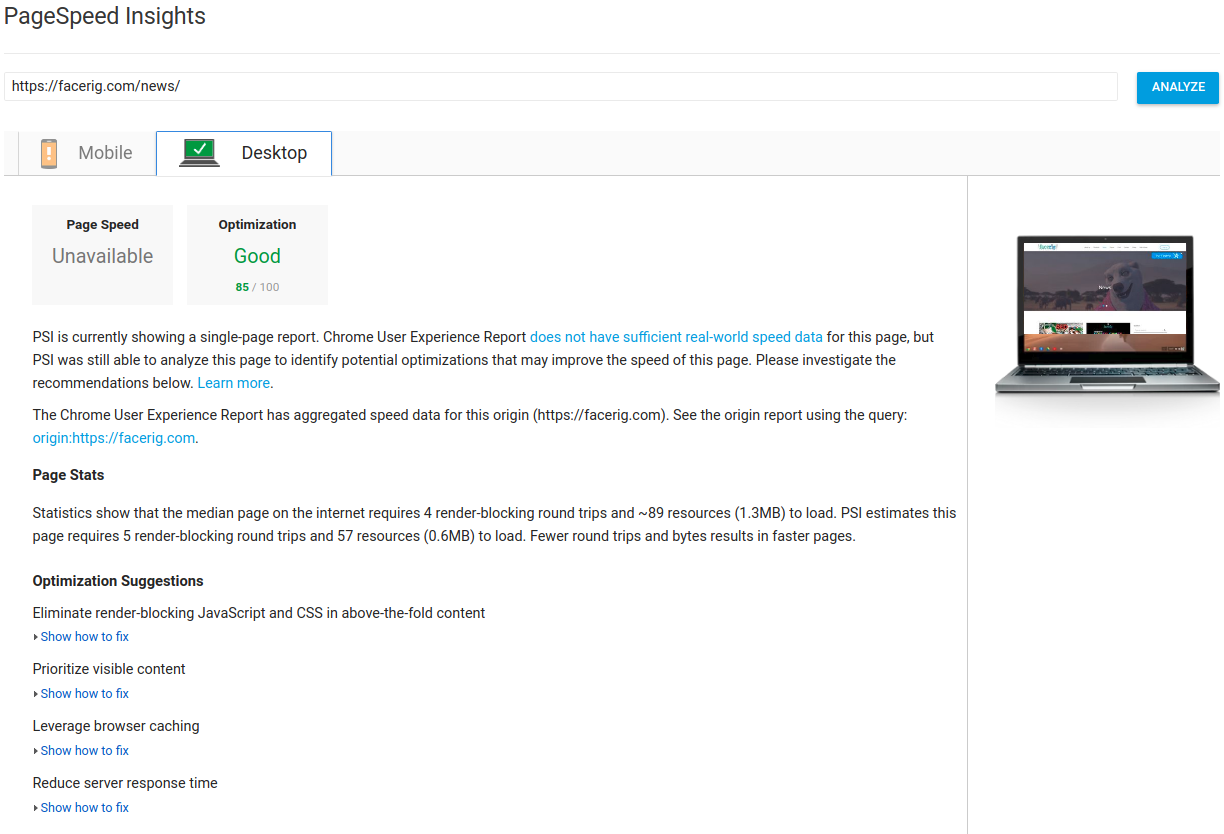 Example site metrics on PageSpeed Insights after: Good