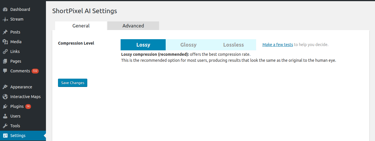 Main settings page