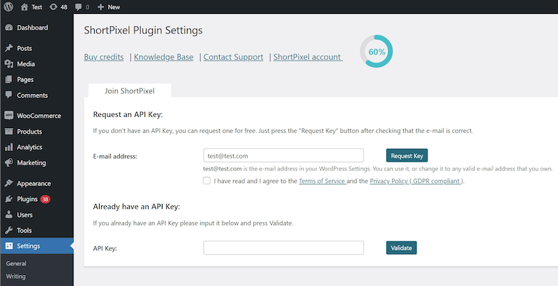 Activate your API key in the plugin Settings. (Settings>ShortPixel)