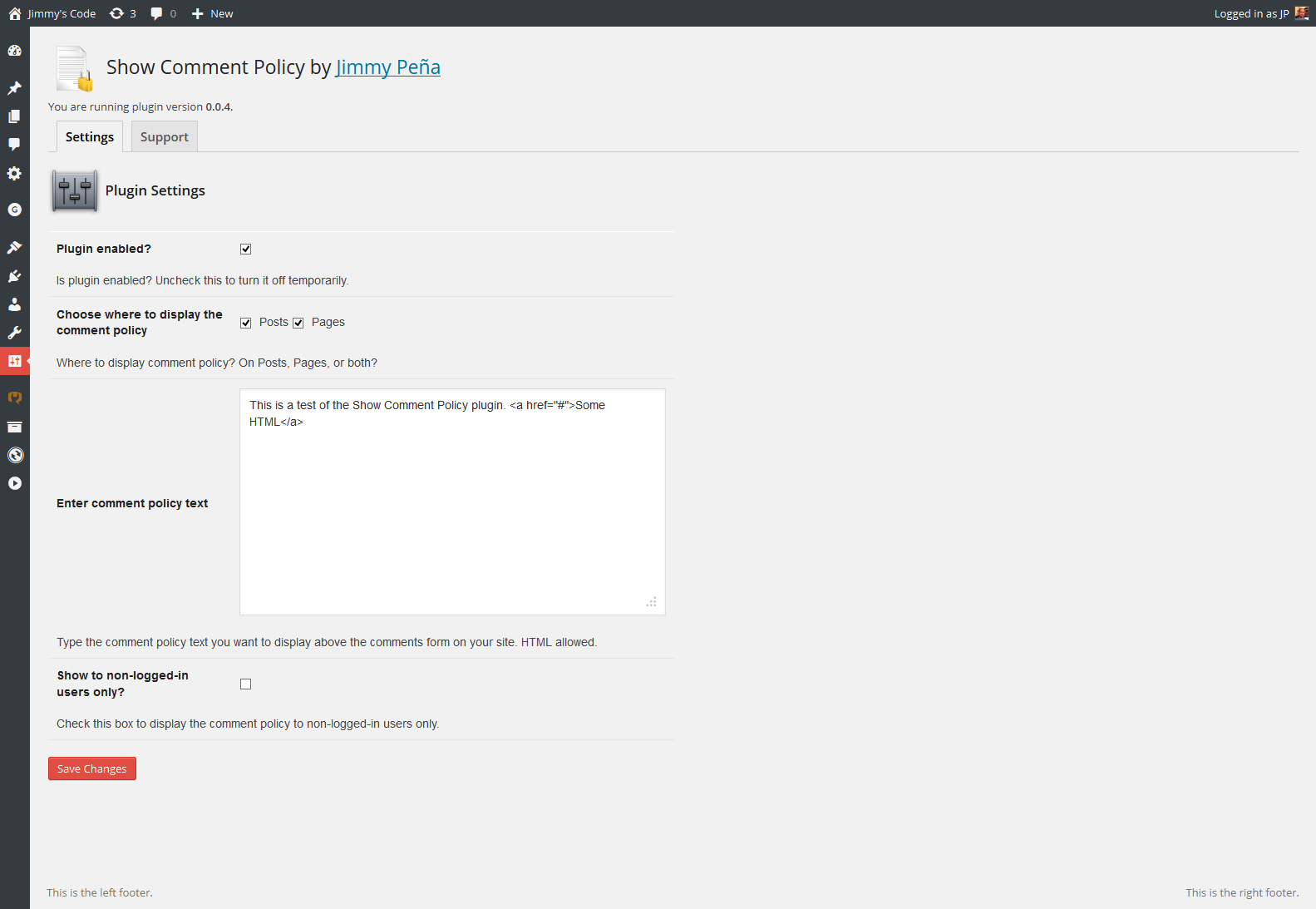 Plugin settings page