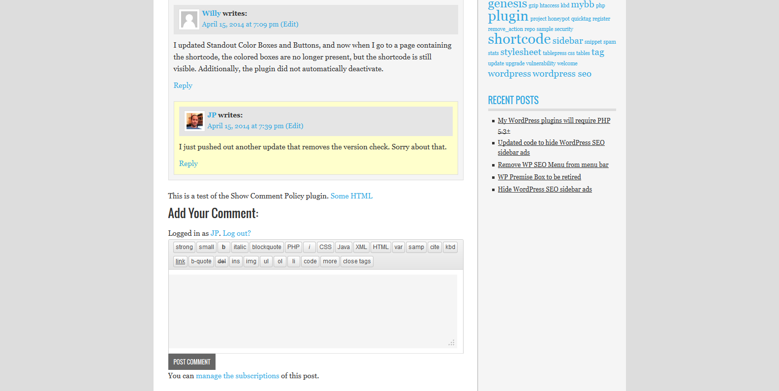 The comments section showing the comment policy entered on the plugin settings page