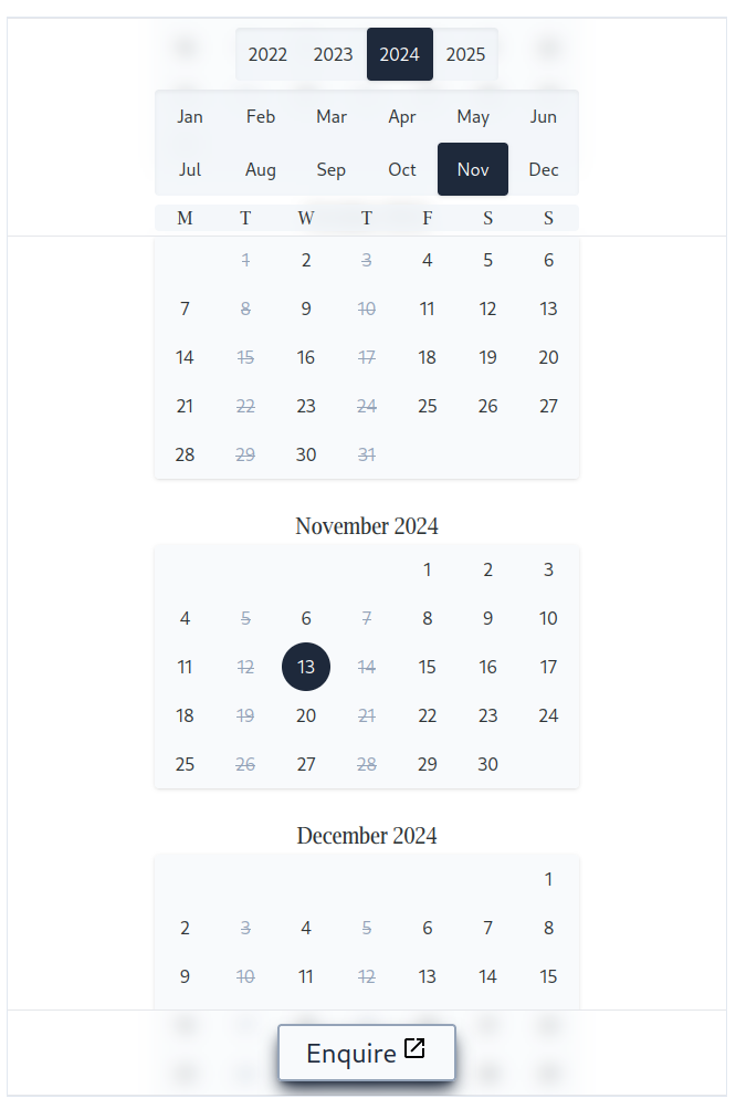 Tablet view of the embedded calendar.
