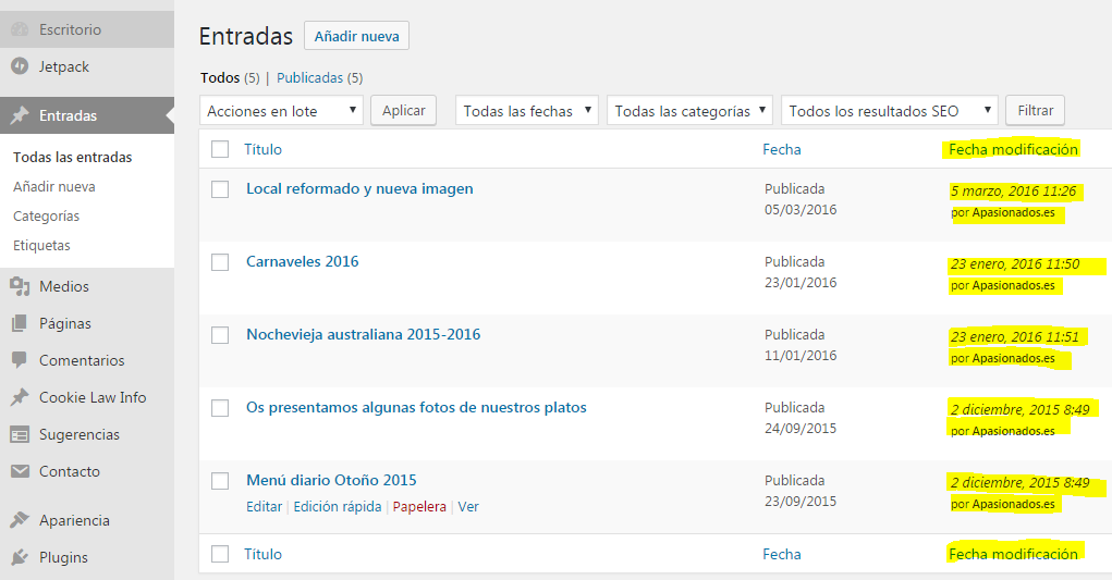 WordPress Admin page list with modified date