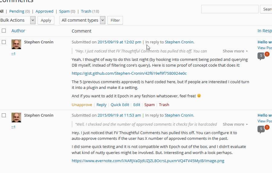 Show Parent Comment in action on the Comments screen.