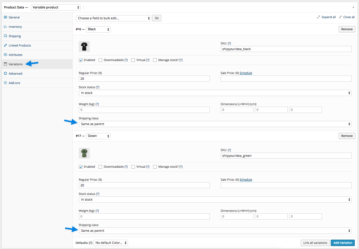 Shipping Class in Product Variations edit page