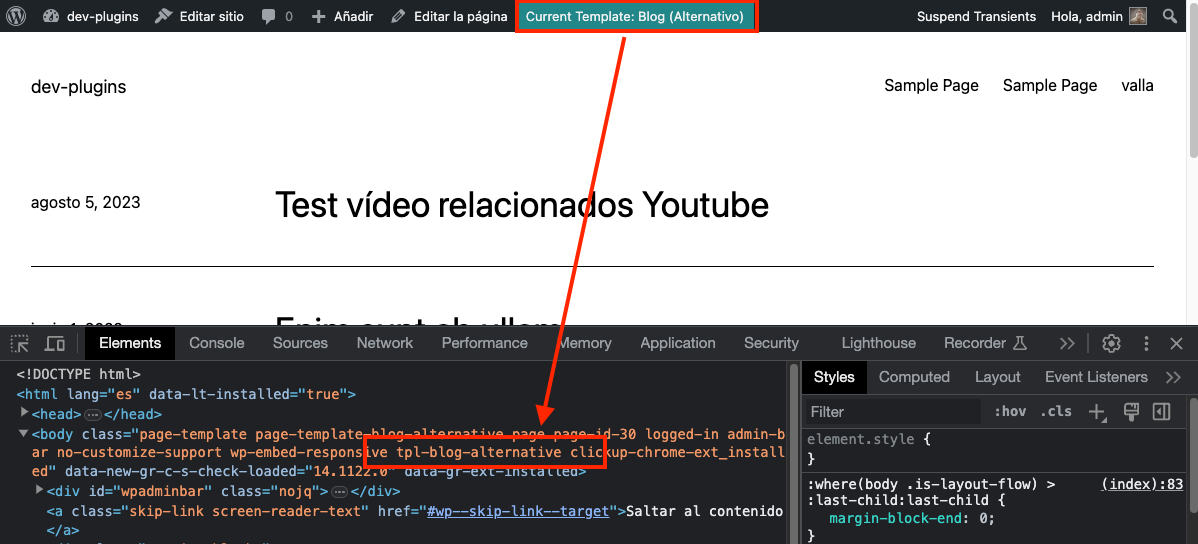We add a CSS class to the body whose name is the slug of the template.