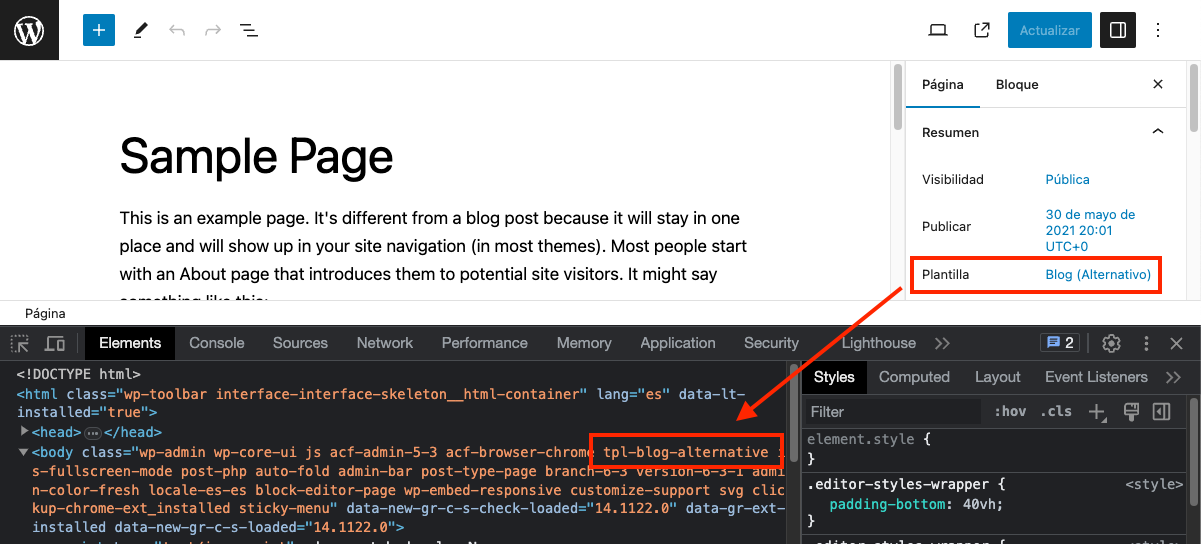 We add a CSS class to the body of the Gutenberg editor whose name is the template slug.