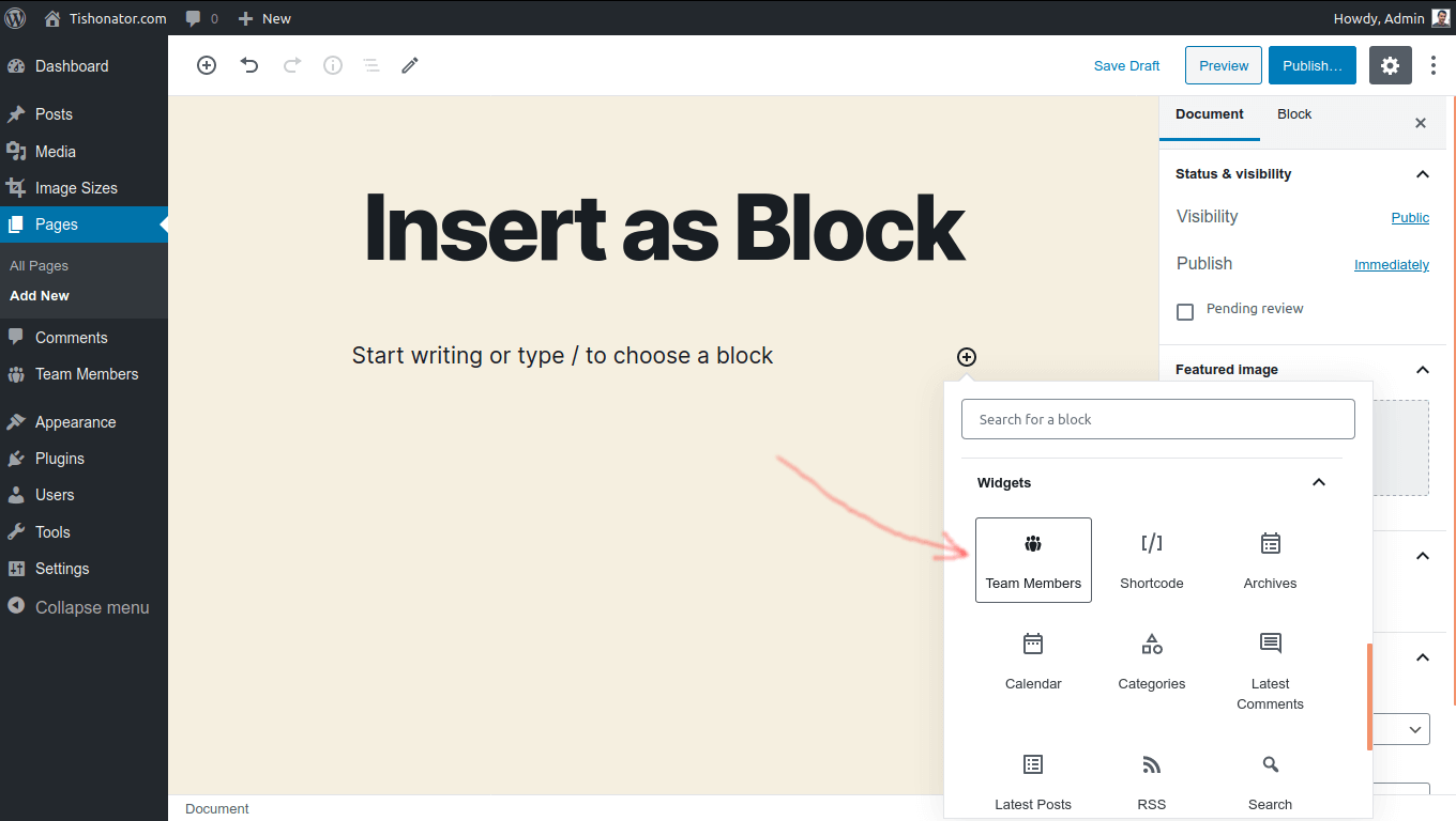 Insert Team Members as a Gutenberg Block