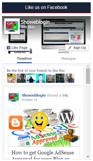 Showeblogin FB Page Like Box with Call to Action Button and timeline/Posts feed.