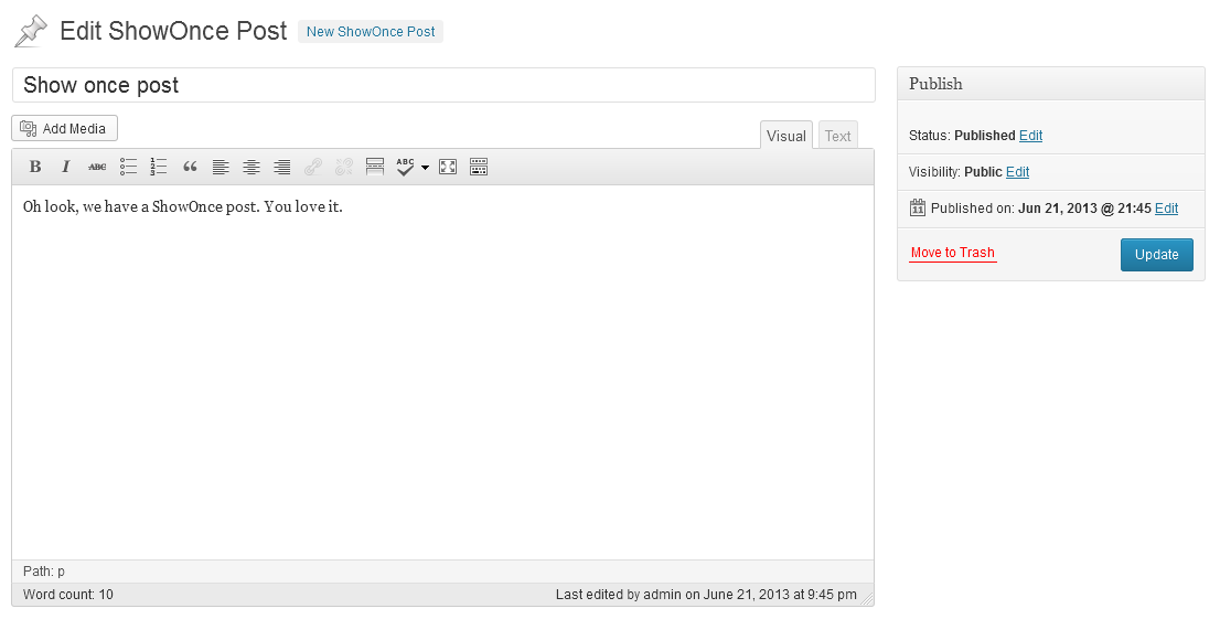 Example ShowOnce Post Editor