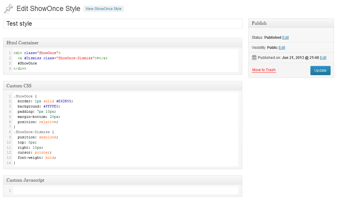 Example ShowOnce Style Editor