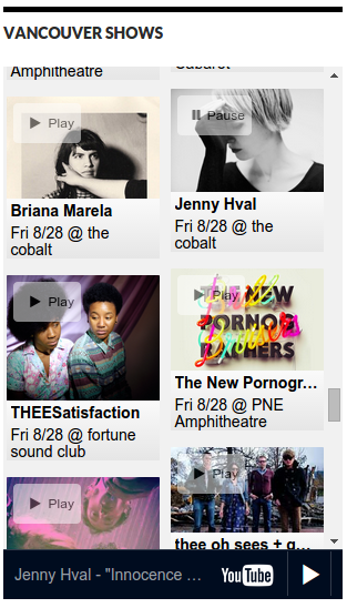2 Column widget with upcoming shows in Vancouver.