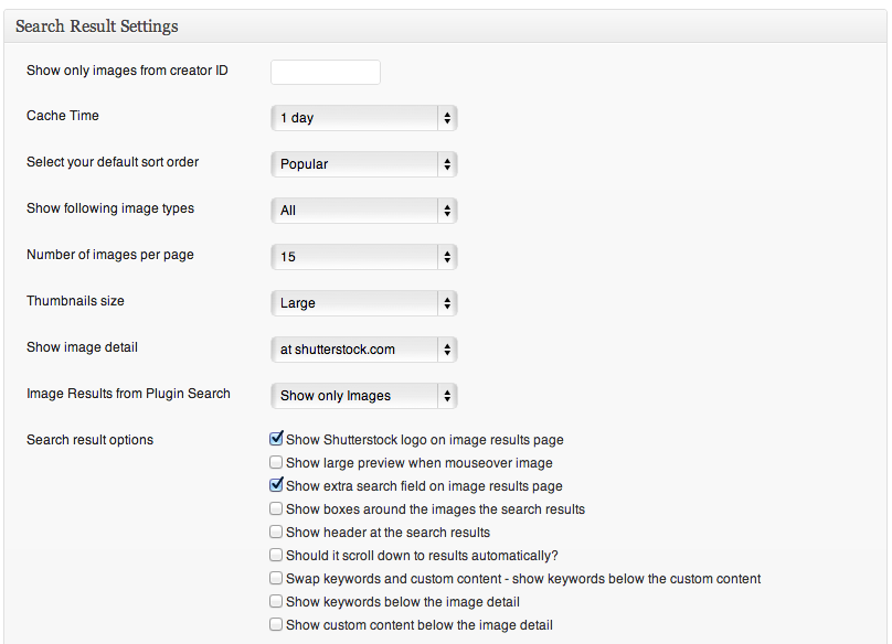 Customizable appearance settings including filter to show only images of particular Shutterstock contributor