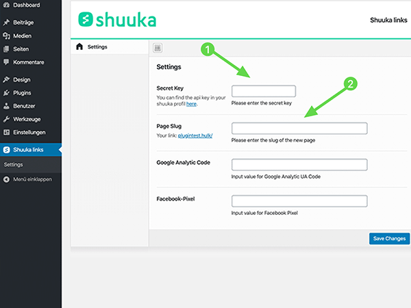 Click on settings. Then the first thing you have to do is enter the "secret key" that you will find on shuuka.com. The second would be to introduce the slug you want to use to call your landingpage