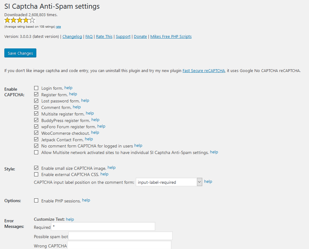 screenshot-3.png is the `Captcha options` tab on the `Admin Plugins` page.