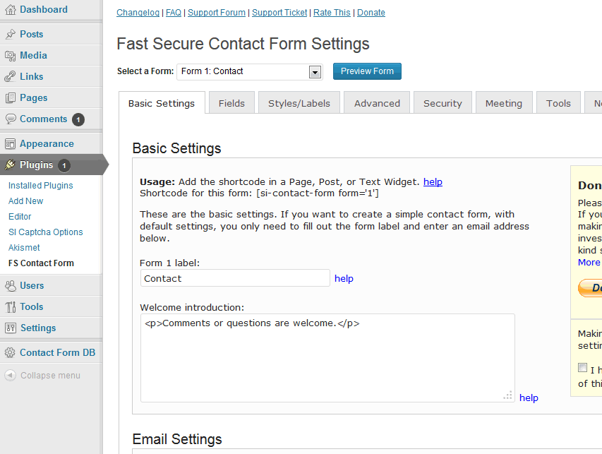 screenshot-3.png is the `Contact Form options` tab on the `Admin Plugins` page.