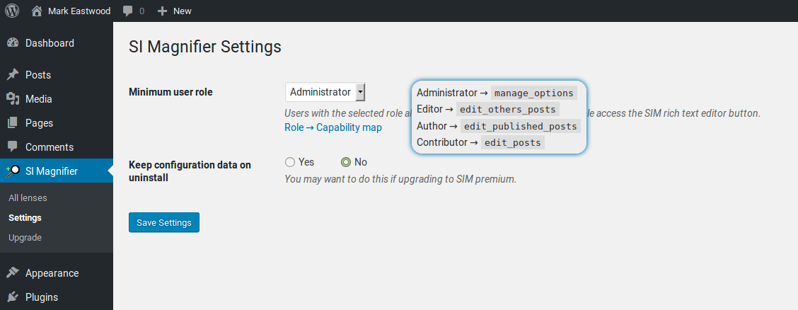 SIM admin settings page