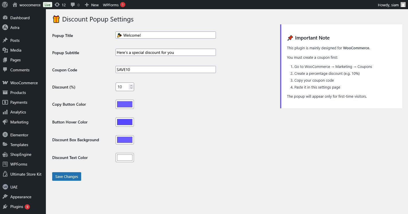 Admin settings panel