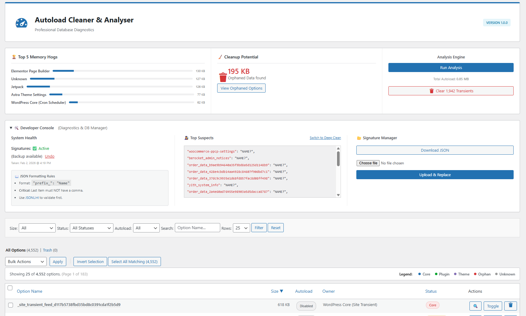 **Developer Console:** The advanced panel for inspecting raw data, managing signatures, and restoring backups.