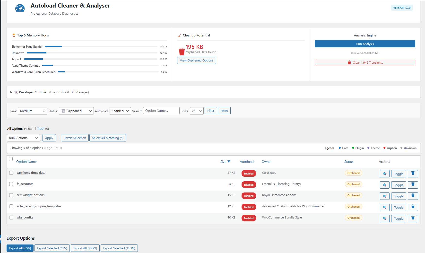 **Advanced Filtering:** Powerful tools to filter by size, status, or autoload state, plus export options.