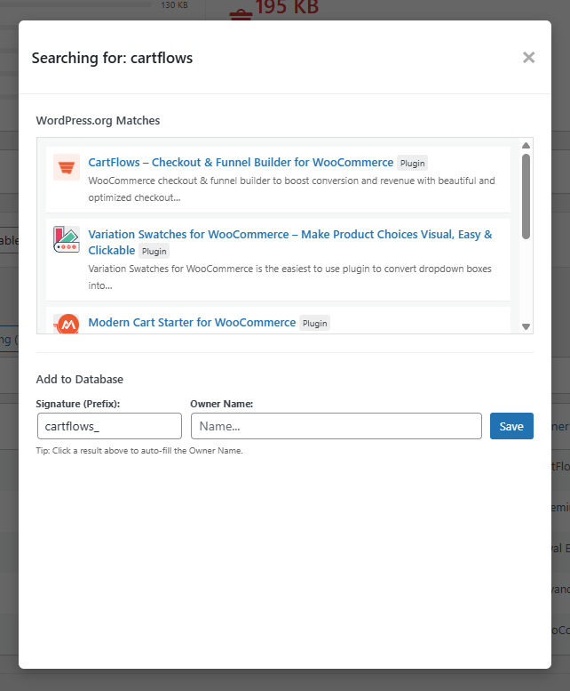 **External Search:** The built-in tool to identify unknown options using the WordPress.org API.