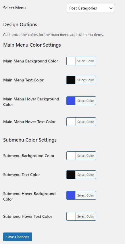 The main settings page of the WP Sidebar Menu plugin.