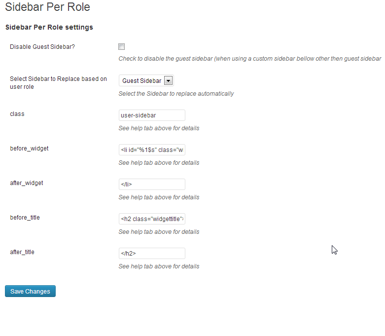 Plugin option panel