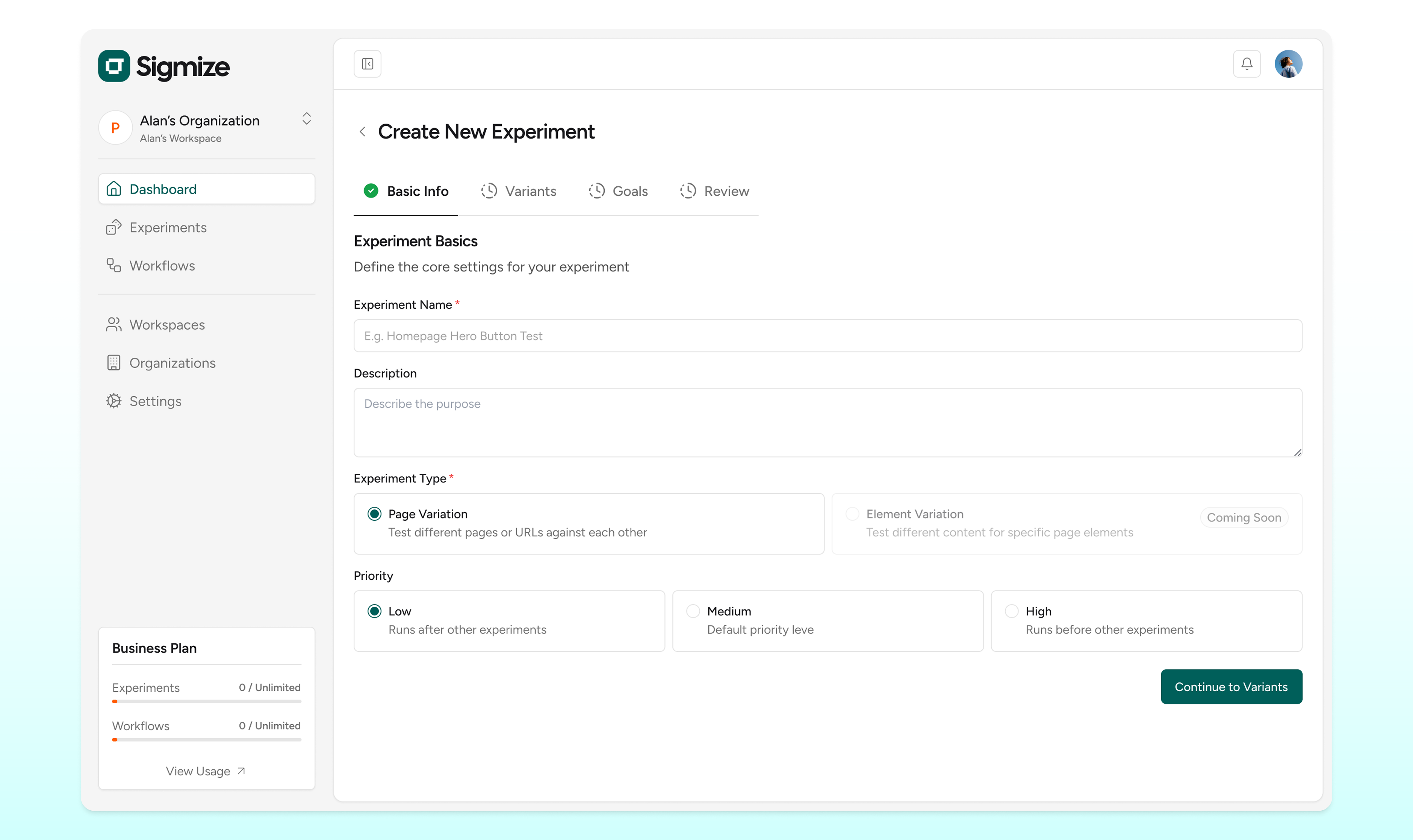 Create new experiment