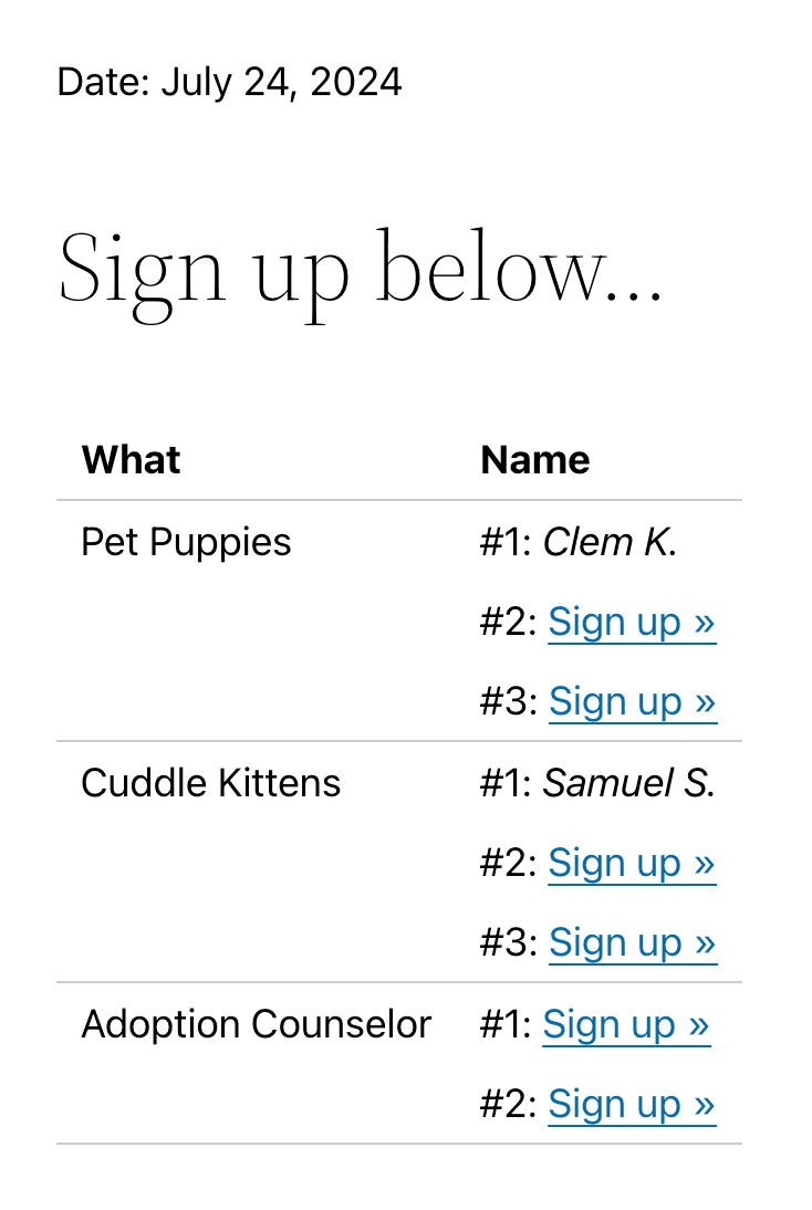 Frontend Individual Sign-up Sheet