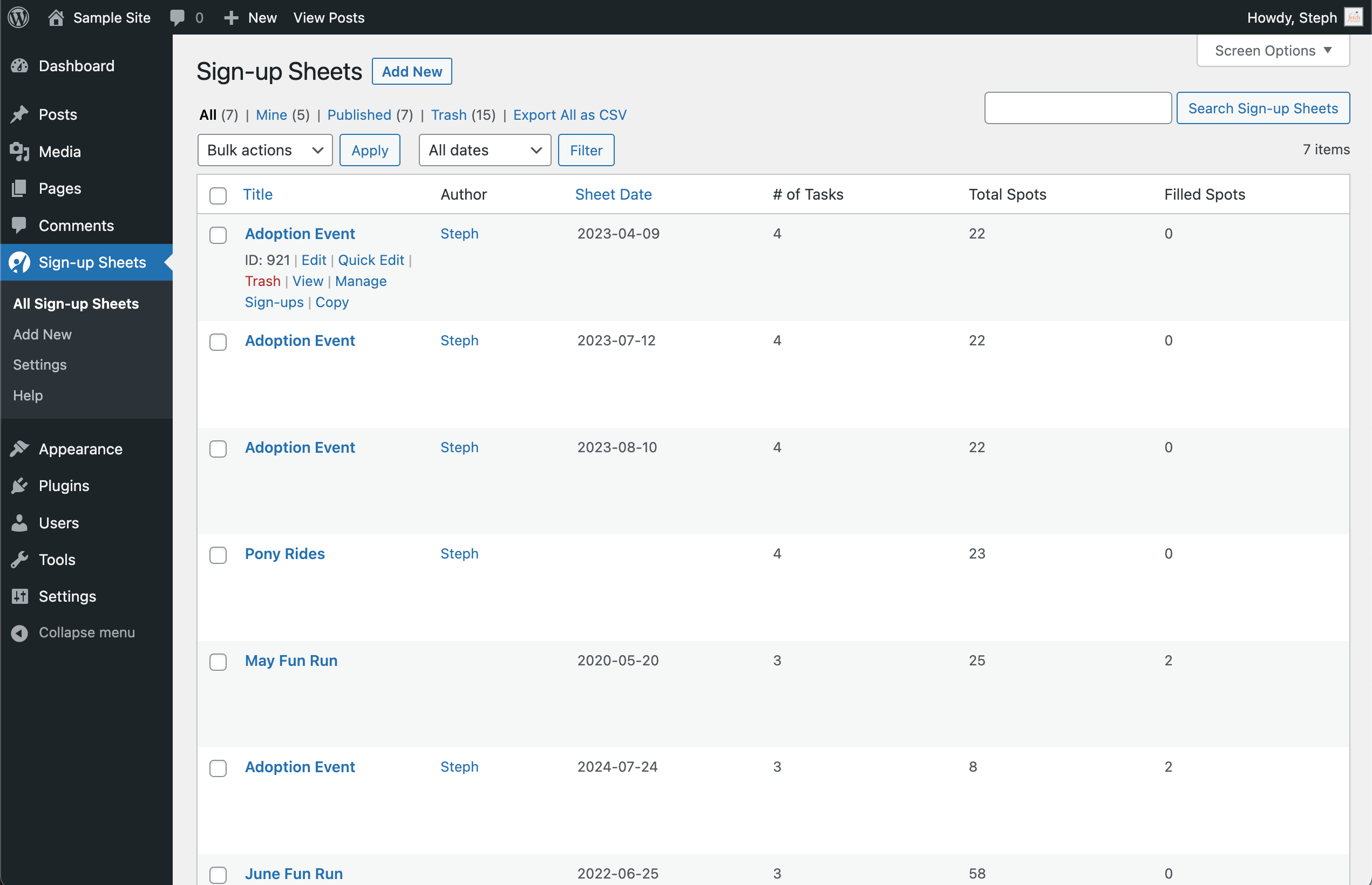 Admin Sign-up Sheets Listing