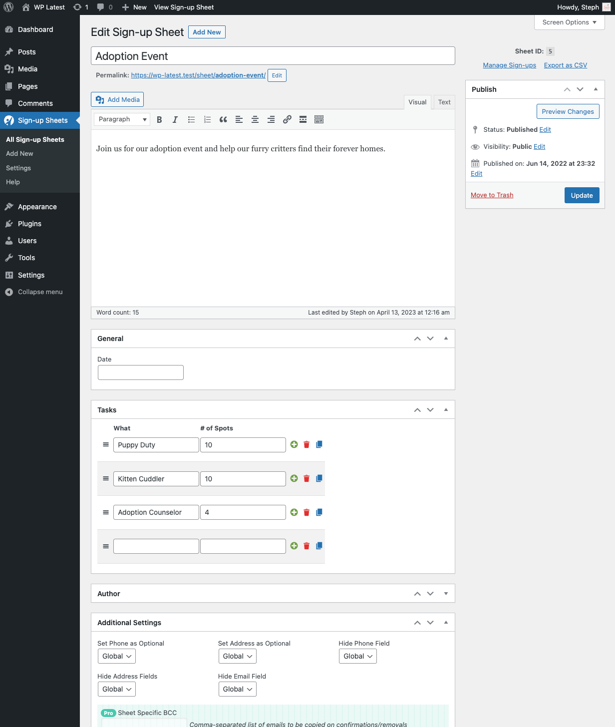 Admin Edit Sign-up Sheet Form