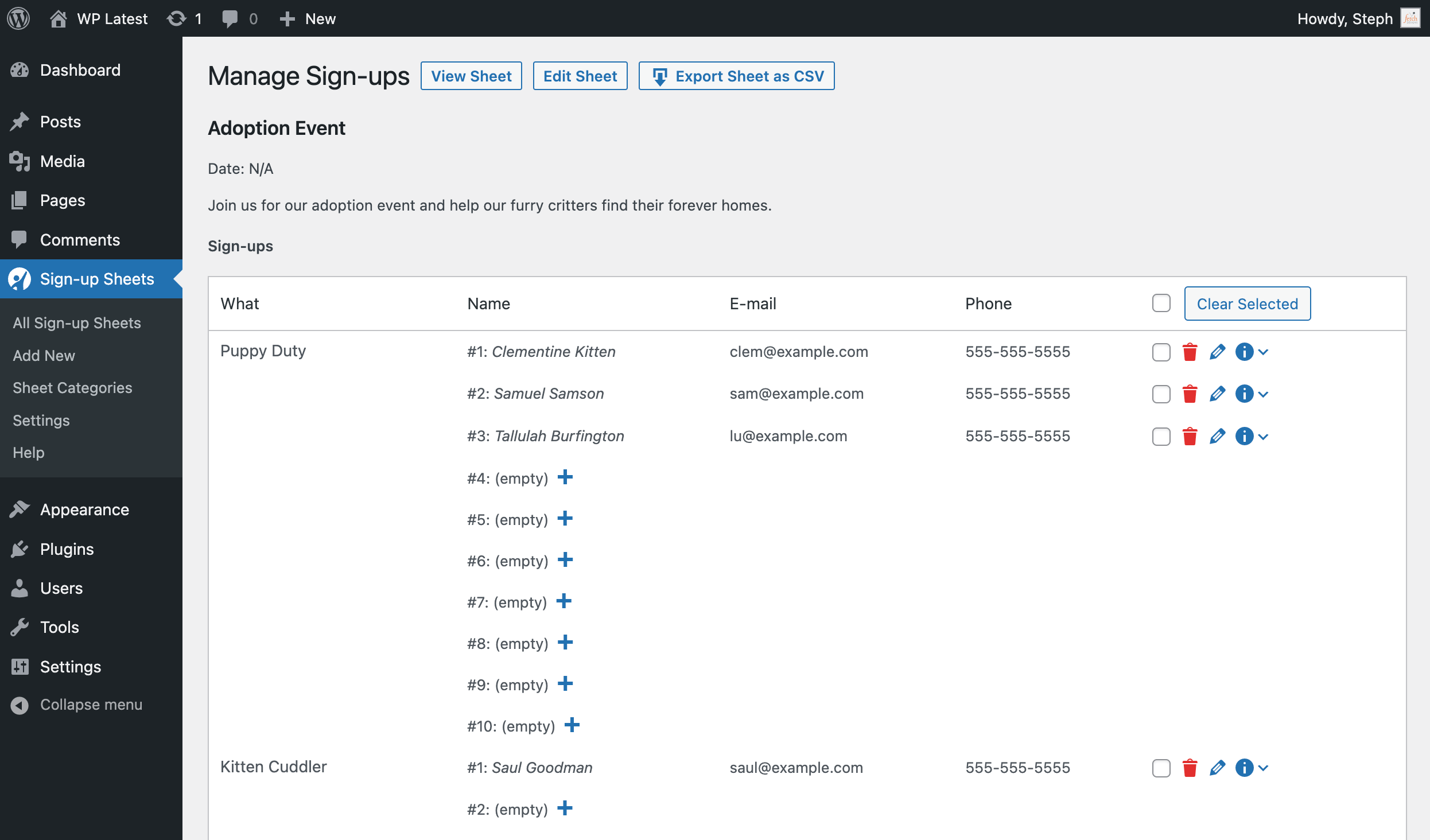 Admin Manage Sheet Screen with ability to add, edit and clear sign-ups