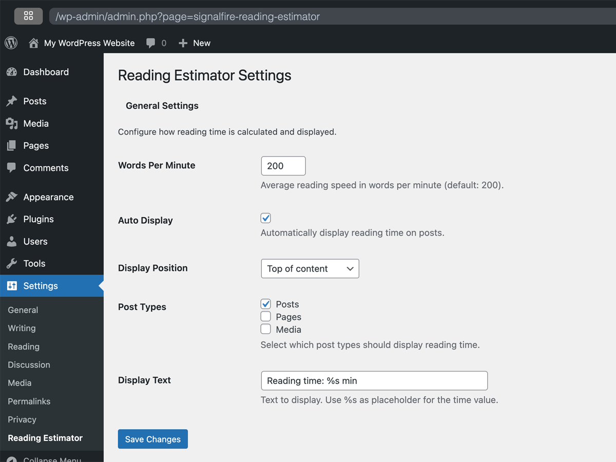 Plugin settings page with all configuration options